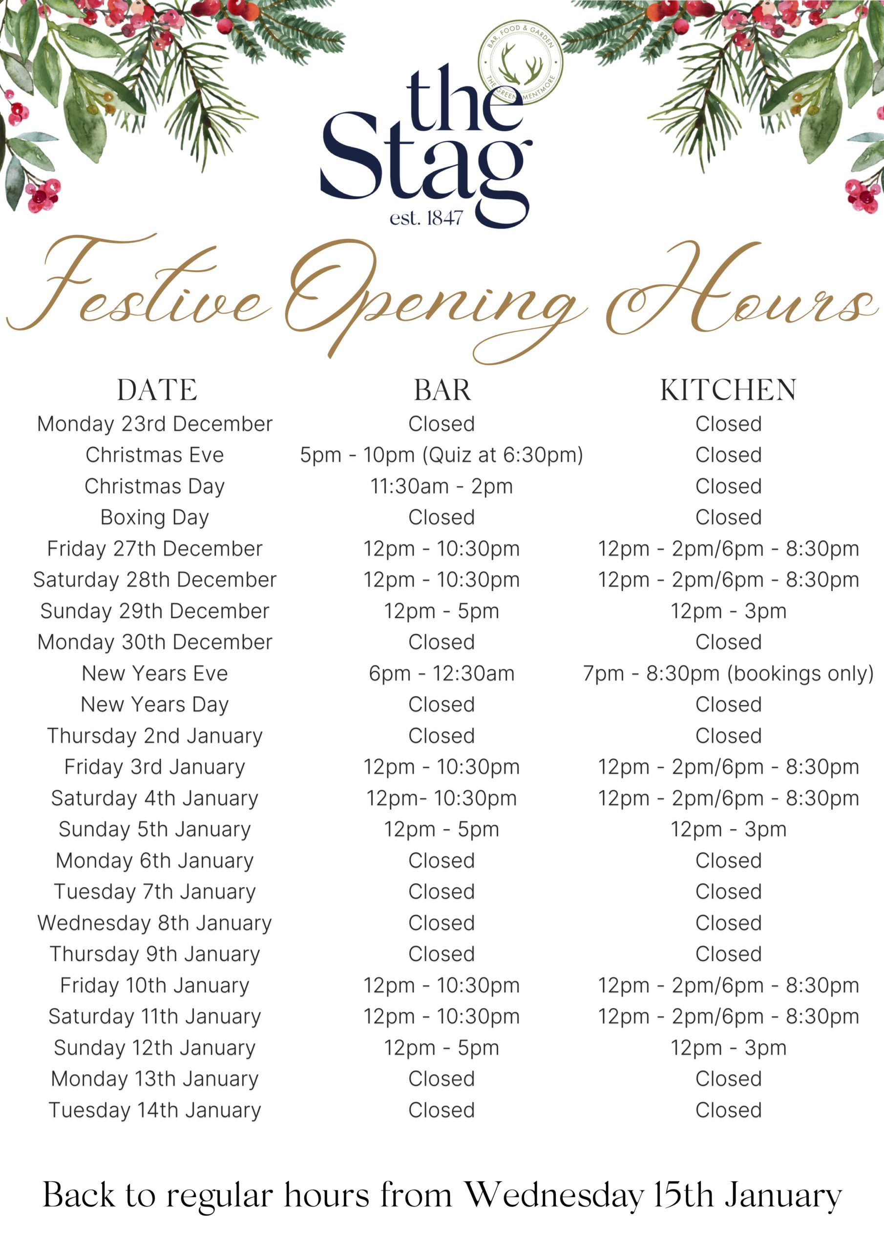 2024 Festive opening hours